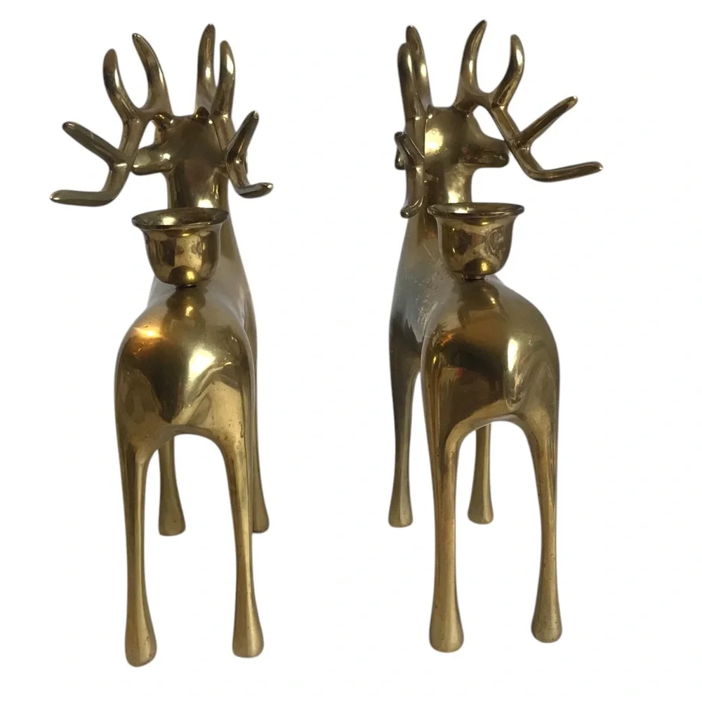 Pottery Barn Brass Reindeer Candle Holders 8” Vintage Christmas Taper Pair